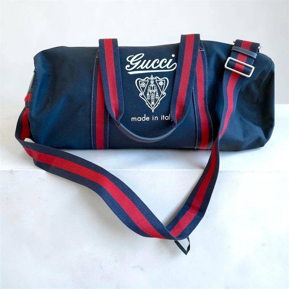 Gucci 816866 Duffle Bag Navy Canvas Red Blue Web Stripe Travel Weekend Bag
